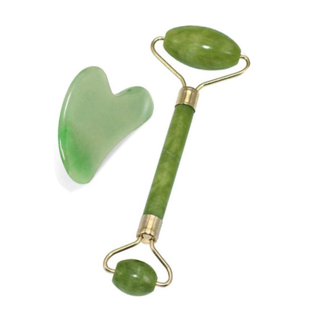 2 in 1 Green Roller and Gua Sha Tools Set by Natural Jade Scraper Massager  Eye Face Neck Thin Lift Relax Slimming Tools